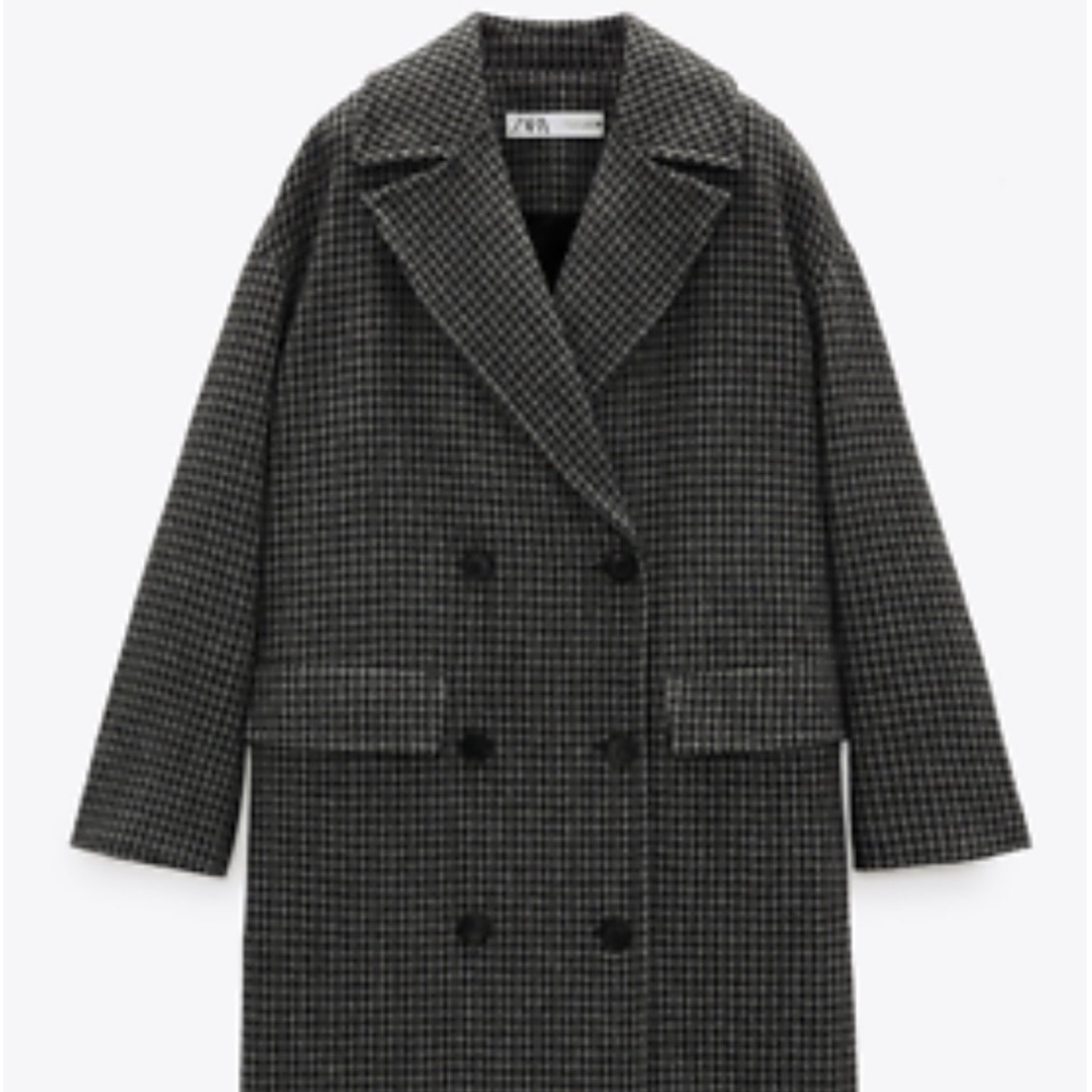 ZARA NWT WOMEN WOOL BLEND OVERSIZED LONG COAT HOUNDSTOOTH CHECK GRAY SMALL